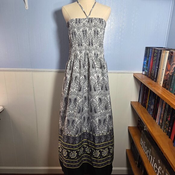 Gypsie Blu 2X Black White Paisley Print Smocked Halter Maxi Summer Dress - Picture 1 of 10